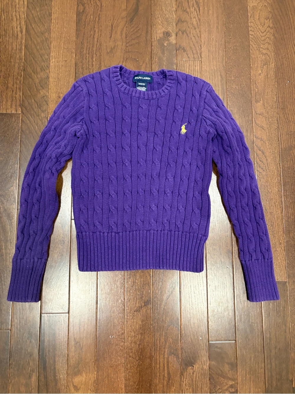 Ralph Lauren Girls Purple Cable Knit Cotton Sweater Yellow Pony Size M 8-10